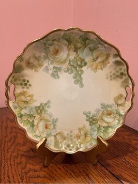 Rudolstadt Floral Porcelain Decorative Plate with Gold Trim Yellow & Green Roses